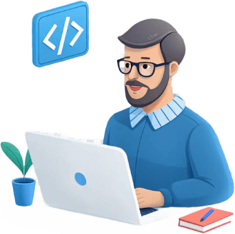 3D illustration of a developer sitting with a laptop